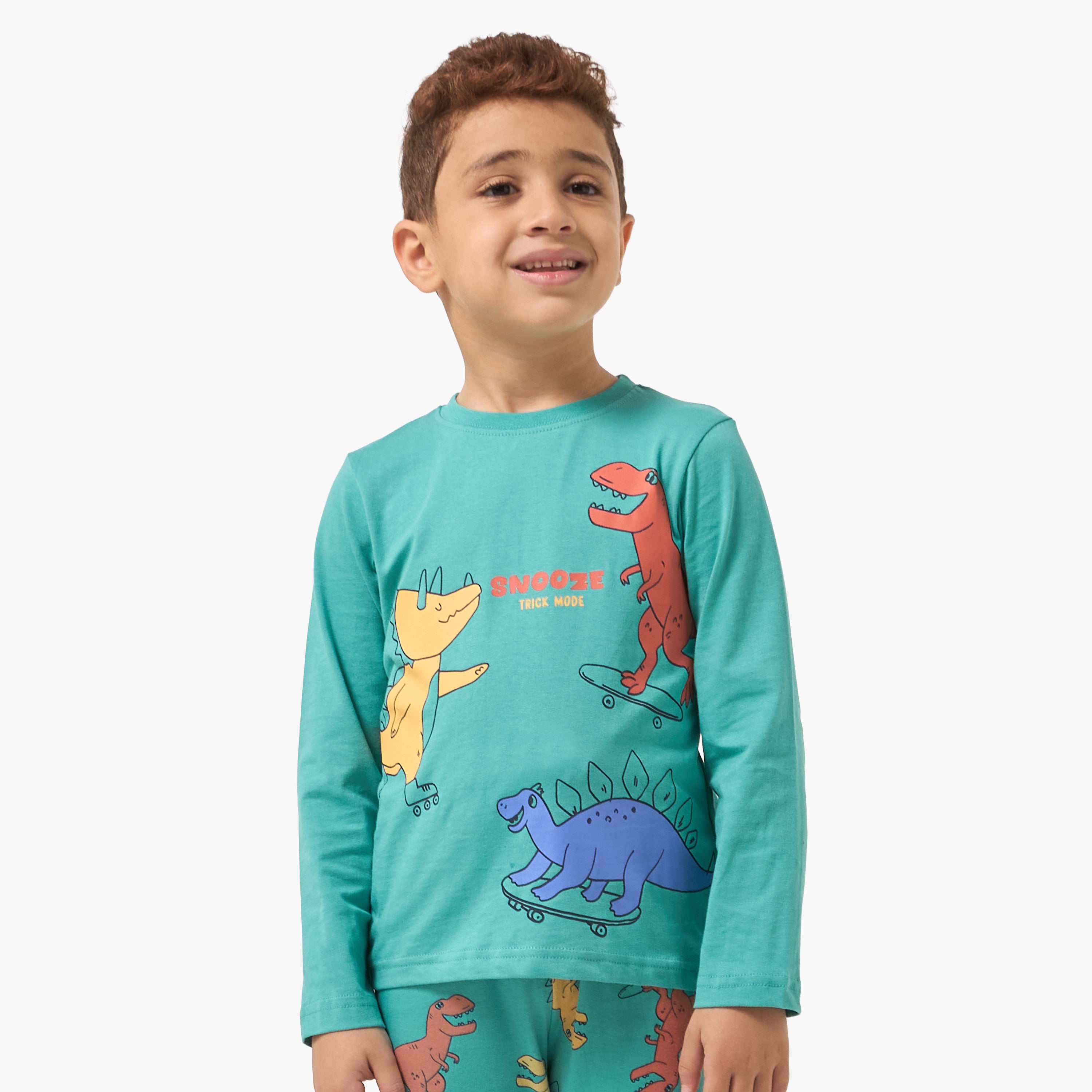 Juniors Cotton Crew Neck Long Sleeves Pyjama Set with Wild Animal Print