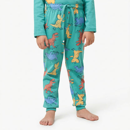 Juniors Cotton Crew Neck Long Sleeves Pyjama Set with Wild Animal Print