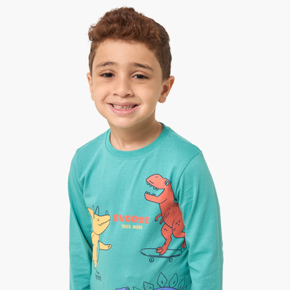 Juniors Cotton Crew Neck Long Sleeves Pyjama Set with Wild Animal Print