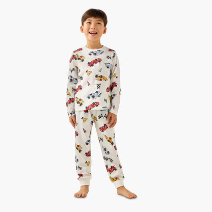 Juniors Cotton Crew Neck Long Sleeves Pyjama Set with Dinosaur Print