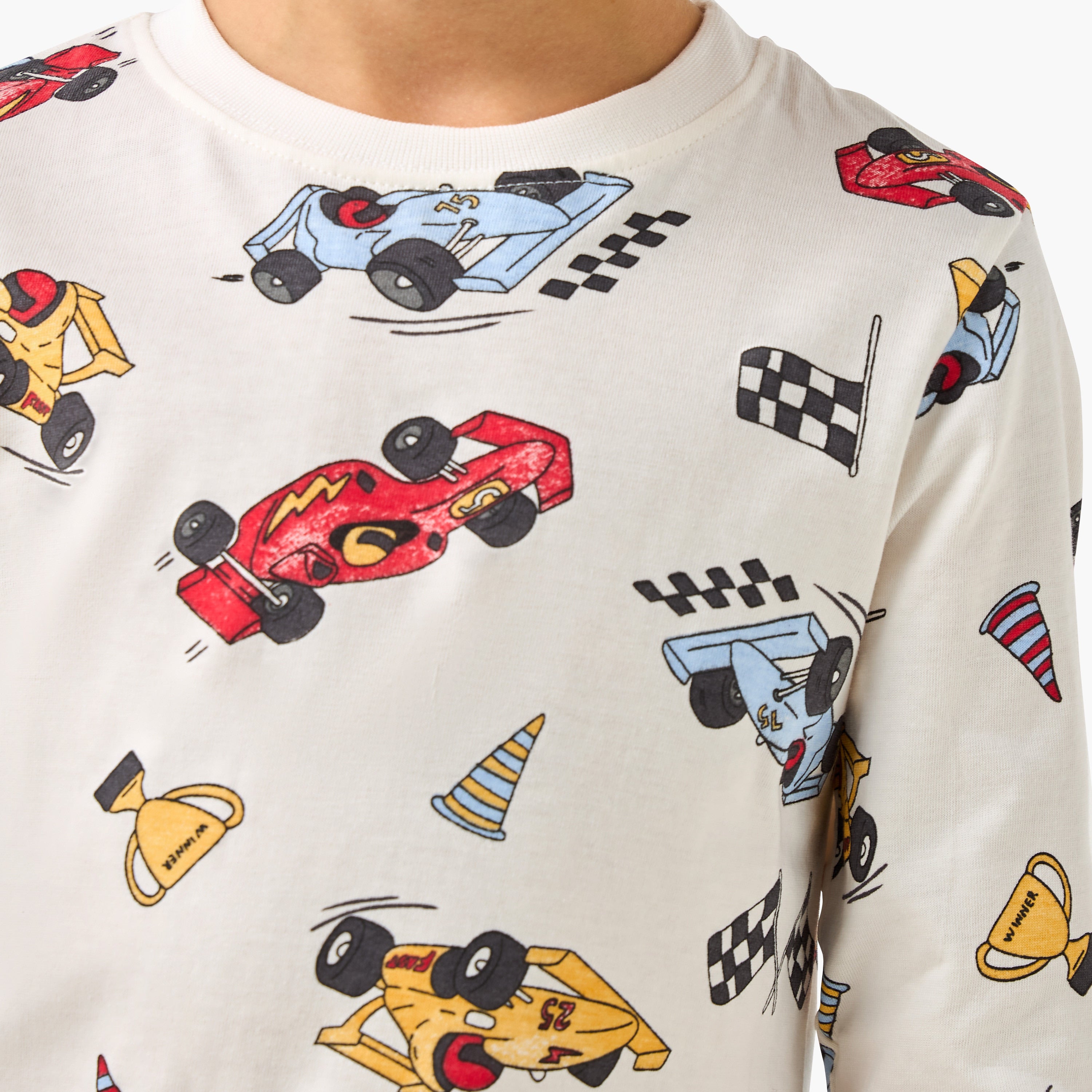Juniors Cotton Crew Neck Long Sleeves Pyjama Set with Dinosaur Print
