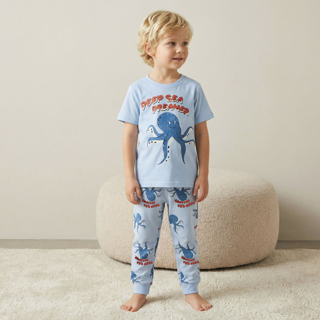 Juniors Cotton Crew Neck Short Sleeves Pyjama Set with Octopus Print - Blue / 7-8 yrs