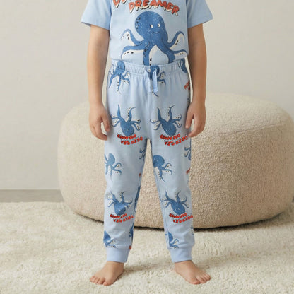 Juniors Cotton Crew Neck Short Sleeves Pyjama Set with Octopus Print