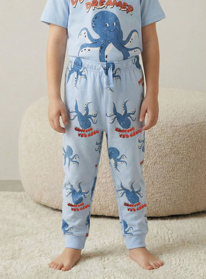 Juniors Cotton Crew Neck Short Sleeves Pyjama Set with Octopus Print-boys-clothing-nightwear-image-3
