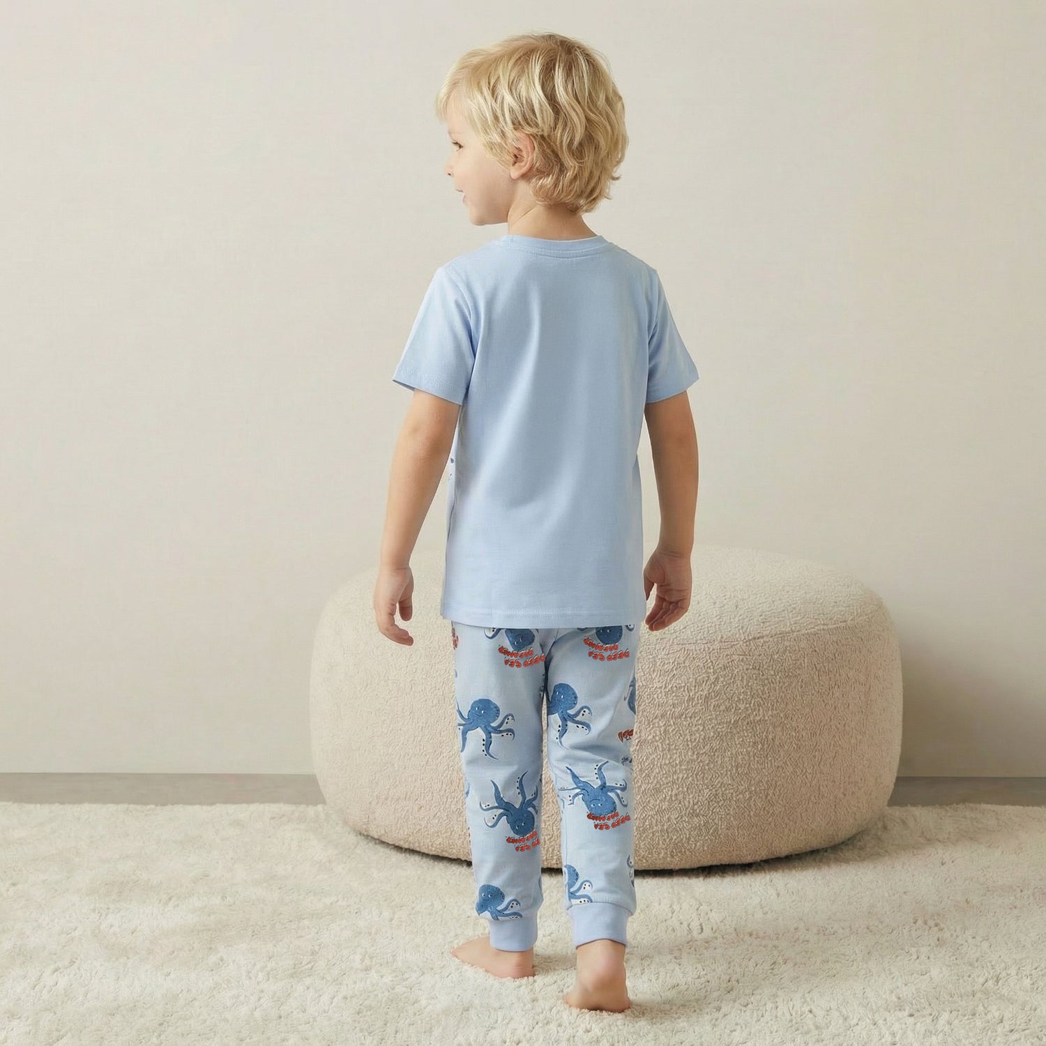 Juniors Cotton Crew Neck Short Sleeves Pyjama Set with Octopus Print