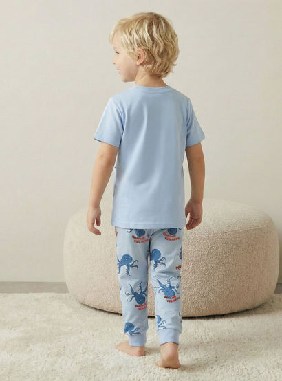 Juniors Cotton Crew Neck Short Sleeves Pyjama Set with Octopus Print-boys-clothing-nightwear-image-4