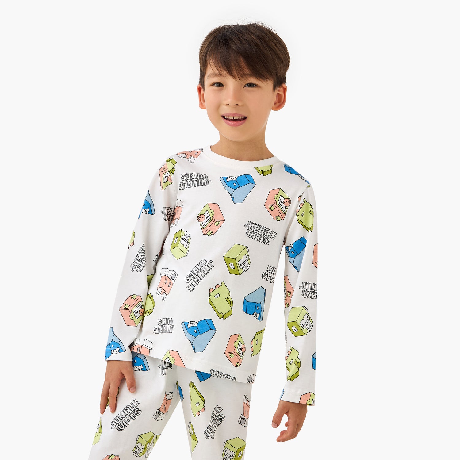 Juniors Cotton Crew Neck Long Sleeves Pyjama Set with Dinosaur Print