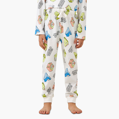 Juniors Cotton Crew Neck Long Sleeves Pyjama Set with Dinosaur Print