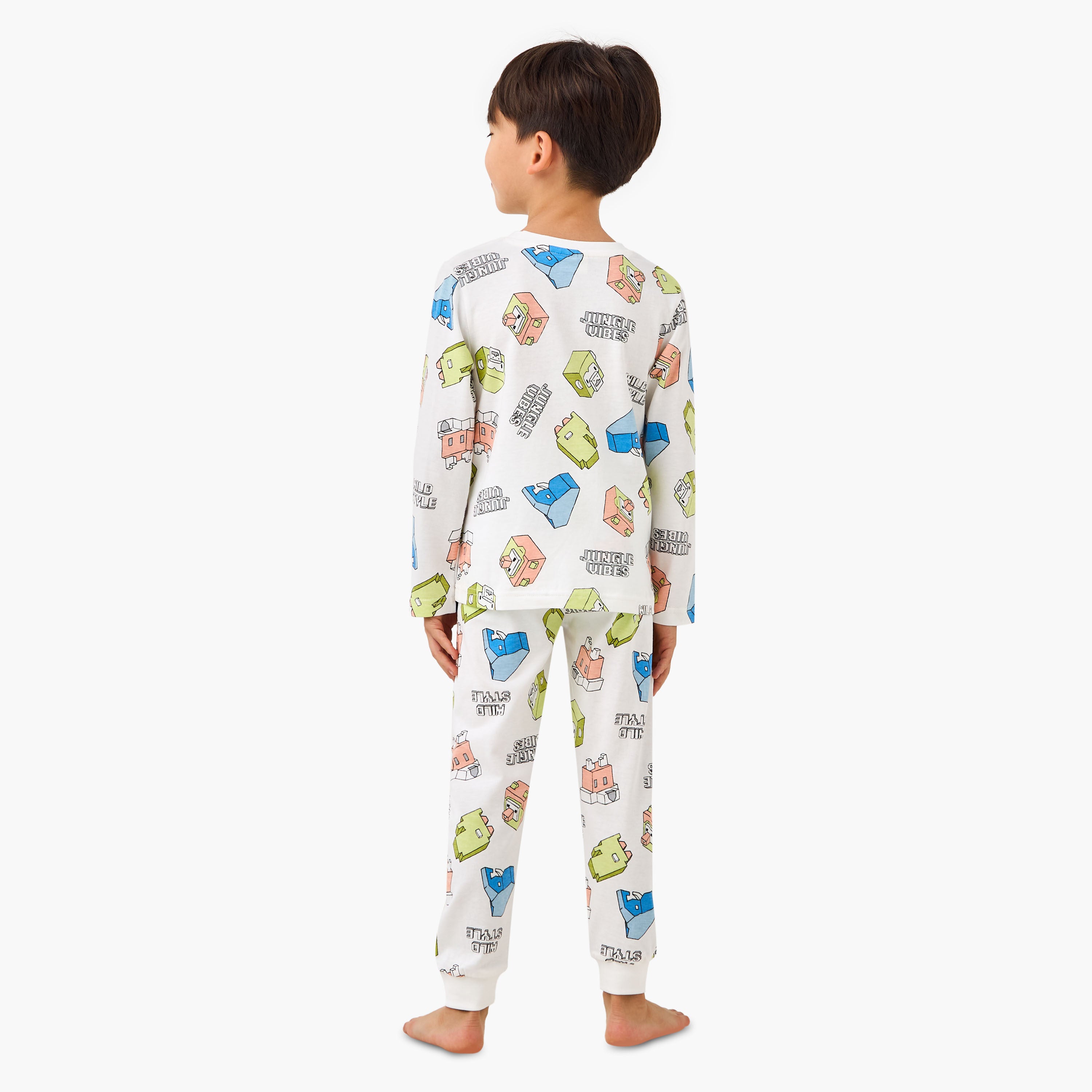 Juniors Cotton Crew Neck Long Sleeves Pyjama Set with Dinosaur Print