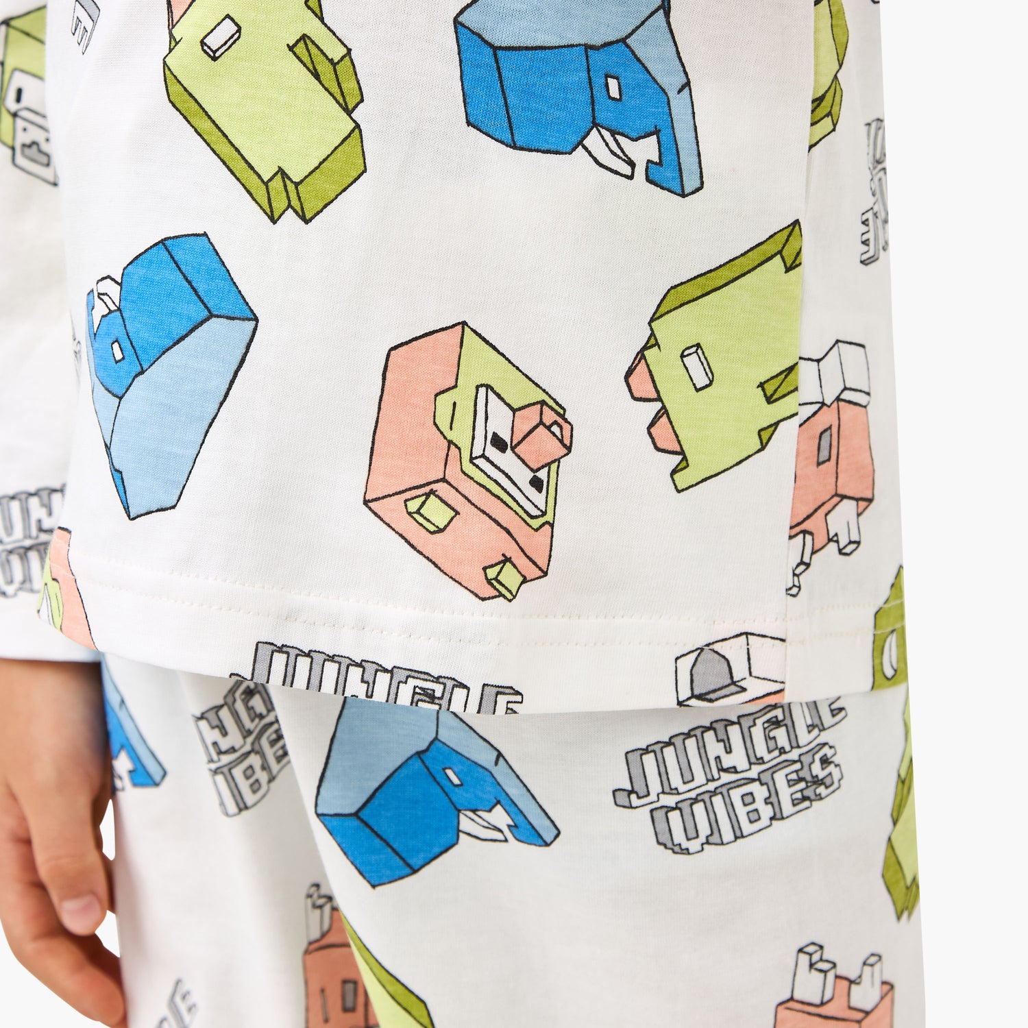 Juniors Cotton Crew Neck Long Sleeves Pyjama Set with Dinosaur Print