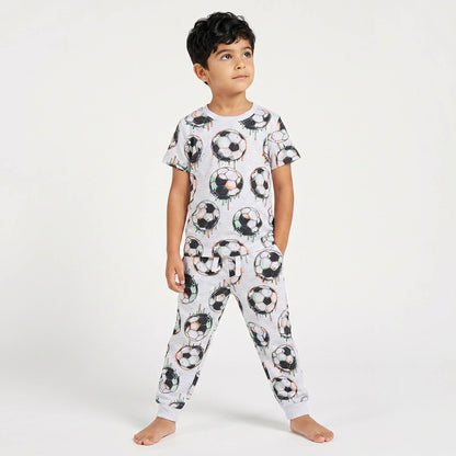 Juniors Cotton Crew Neck Short Sleeves Pyjama Set with Football Print - Grey / 2-3 yrs