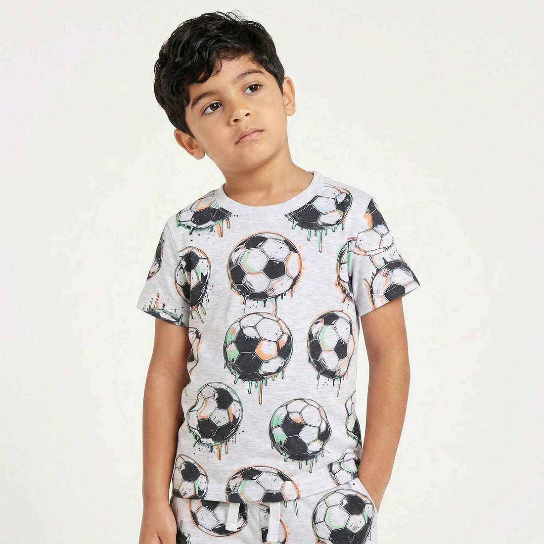 Juniors Cotton Crew Neck Short Sleeves Pyjama Set with Football Print