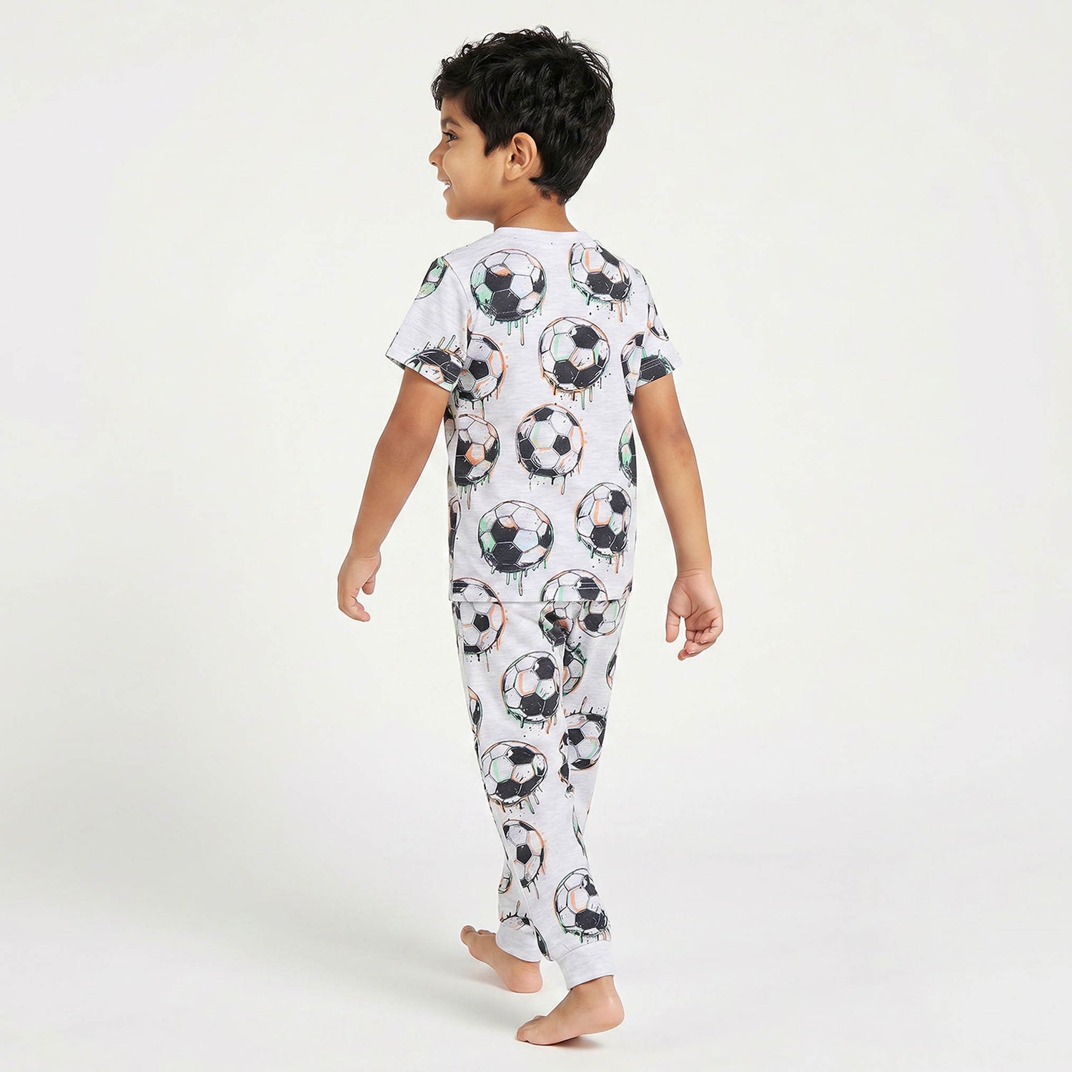 Juniors Cotton Crew Neck Short Sleeves Pyjama Set with Football Print