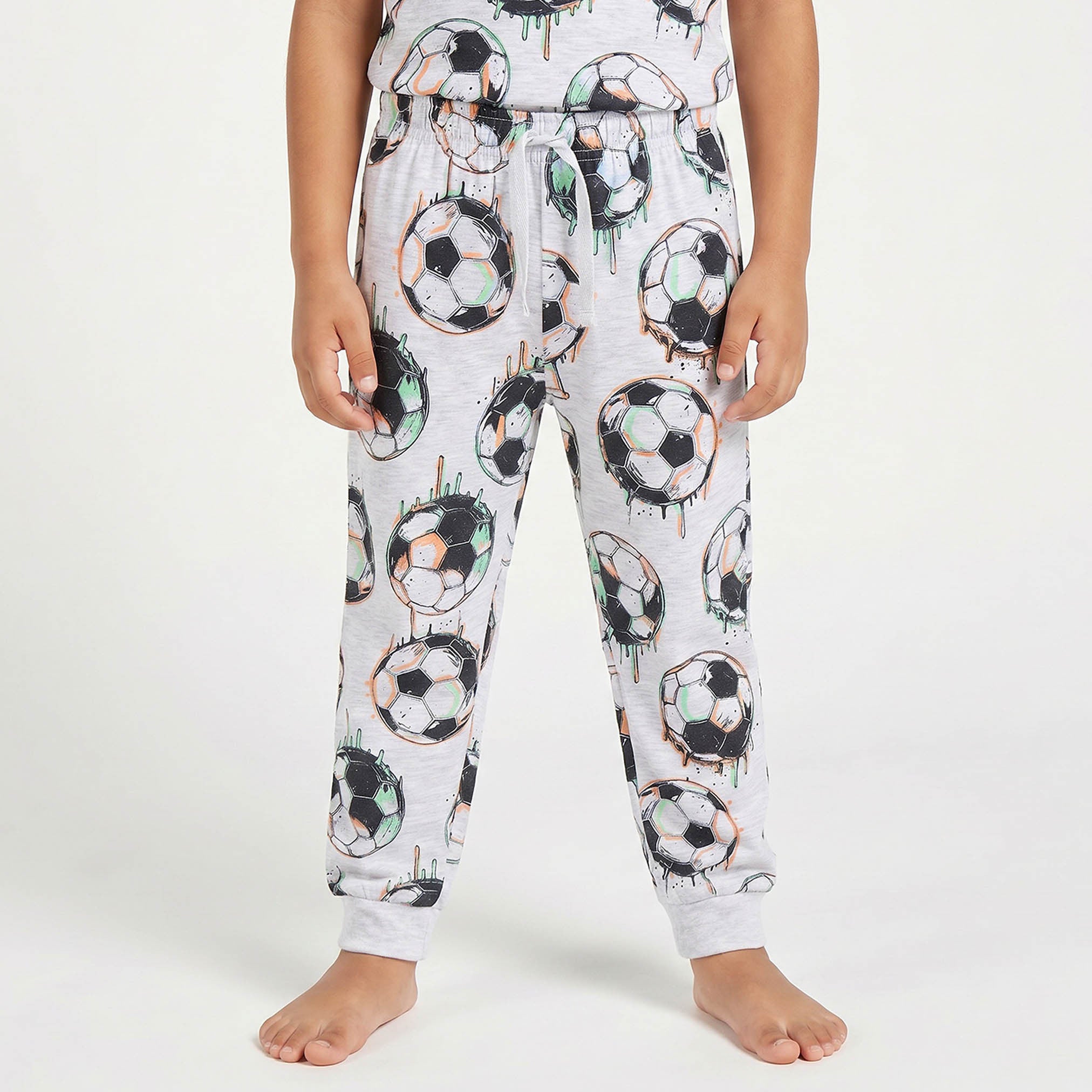 Juniors Cotton Crew Neck Short Sleeves Pyjama Set with Football Print