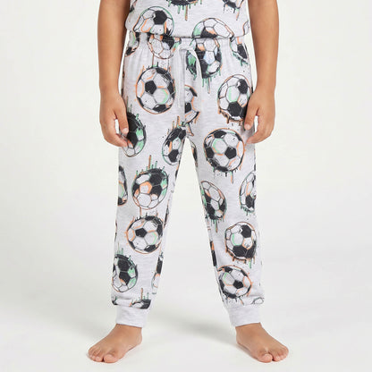 Juniors Cotton Crew Neck Short Sleeves Pyjama Set with Football Print