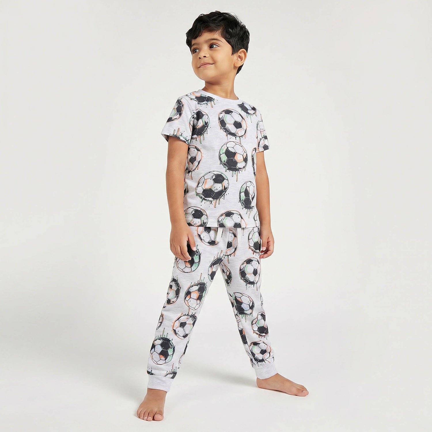Juniors Cotton Crew Neck Short Sleeves Pyjama Set with Football Print