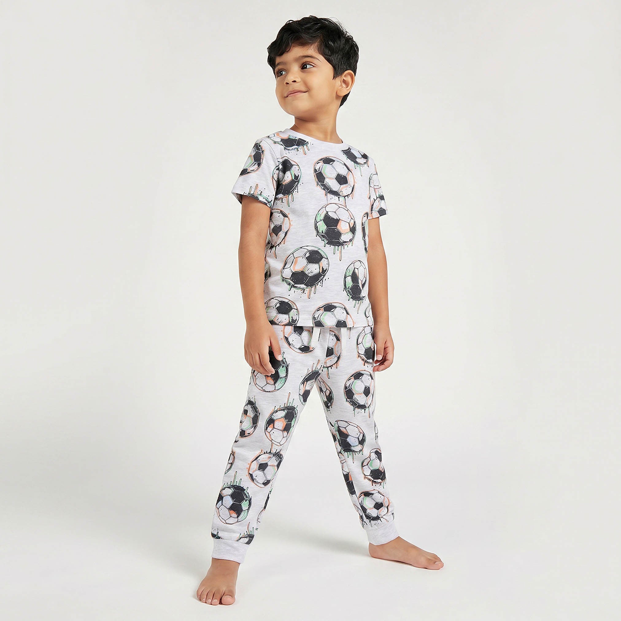 Juniors Cotton Crew Neck Short Sleeves Pyjama Set with Football Print