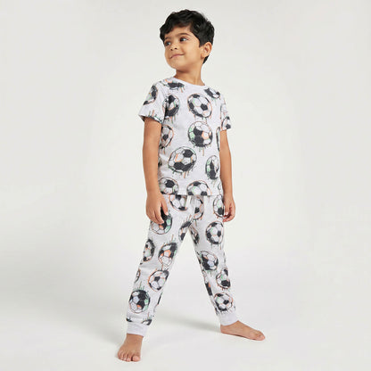 Juniors Cotton Crew Neck Short Sleeves Pyjama Set with Football Print