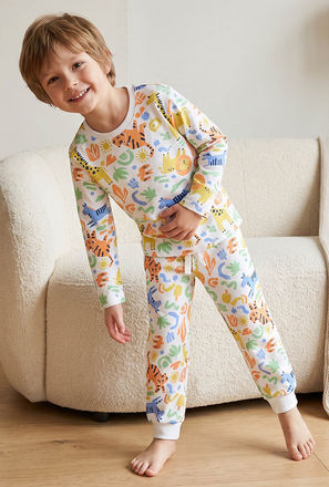Juniors Cotton Crew Neck Long Sleeves Pyjama Set with Safari Print