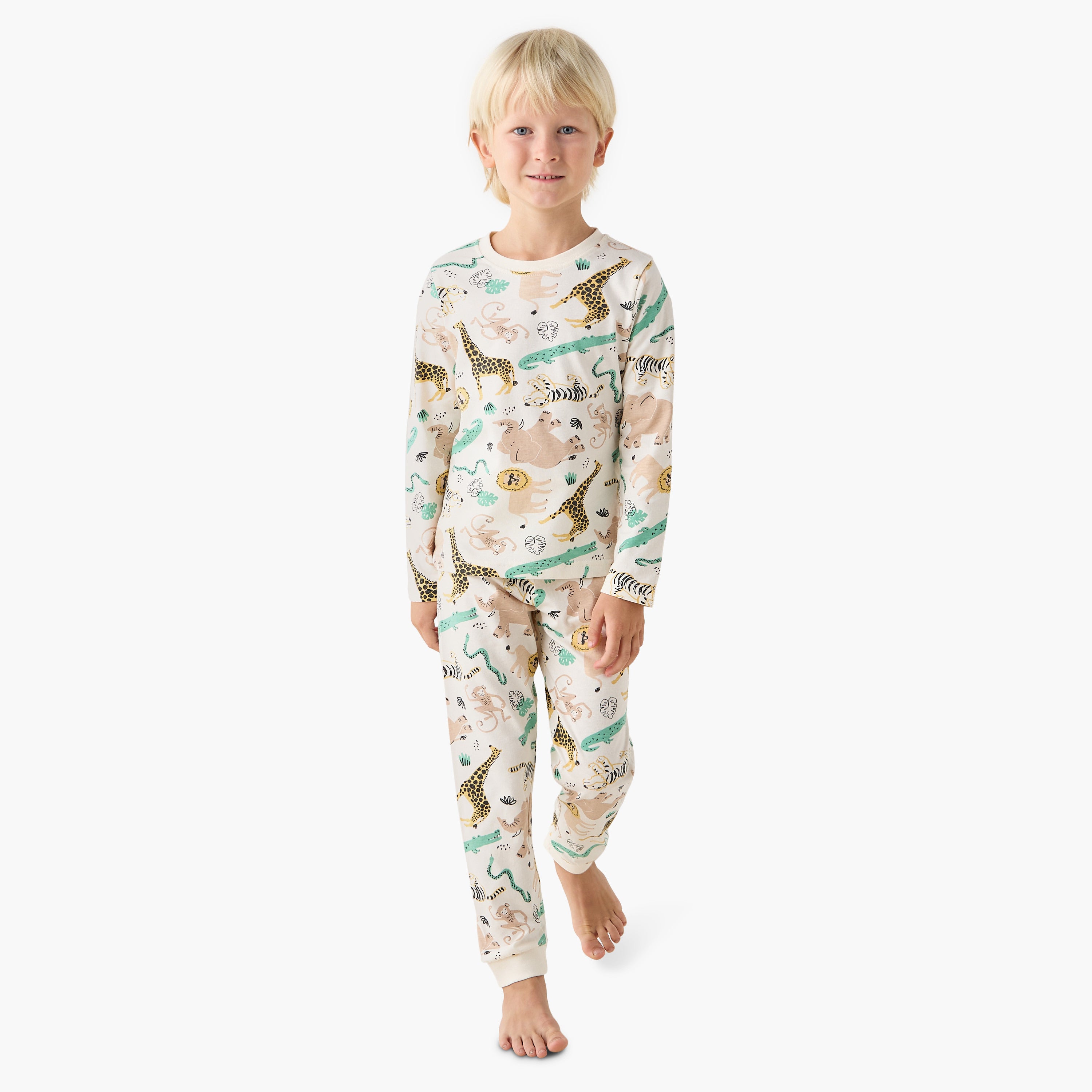 Juniors Cotton Crew Neck Long Sleeves Pyjama Set with Dinosaur Print
