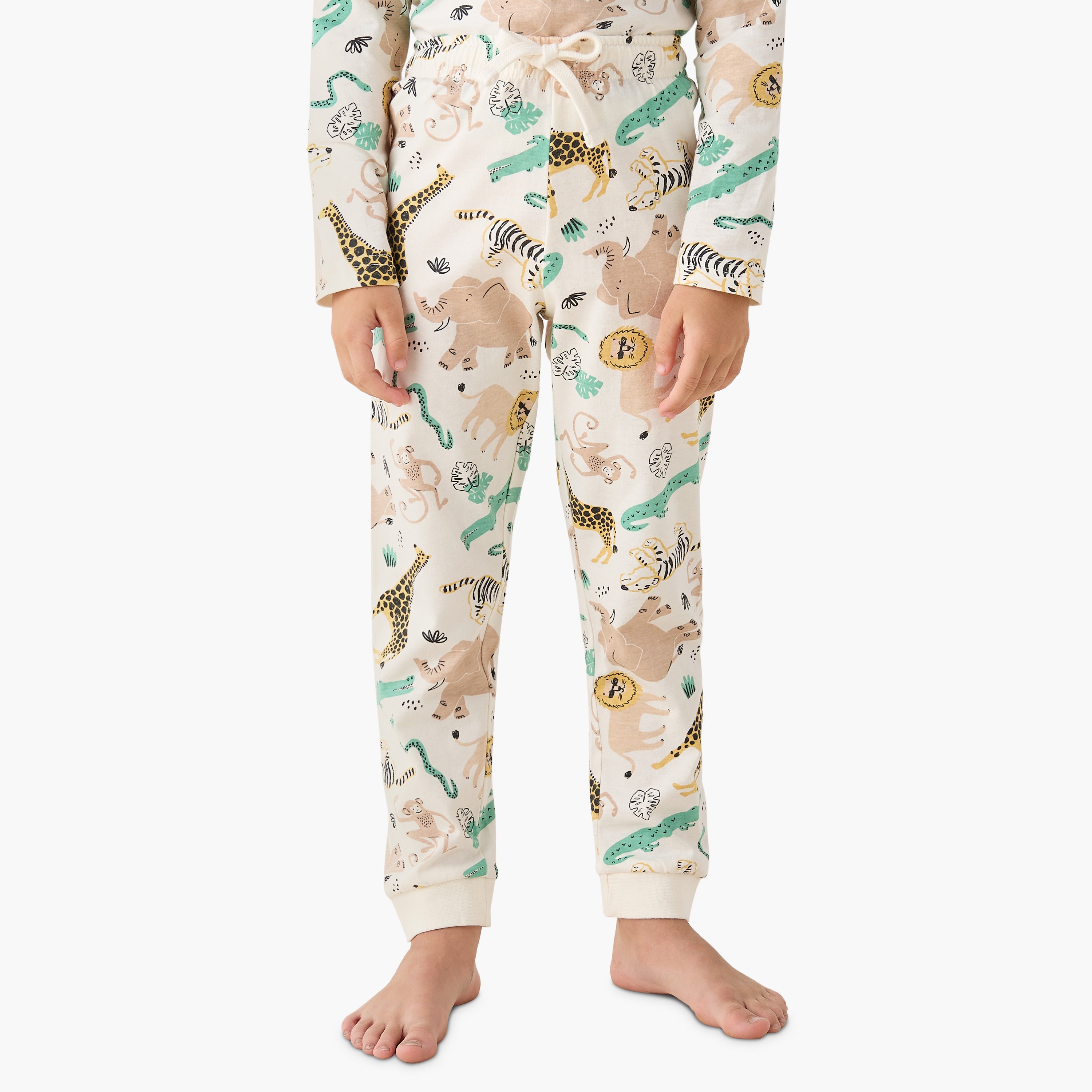 Juniors Cotton Crew Neck Long Sleeves Pyjama Set with Dinosaur Print