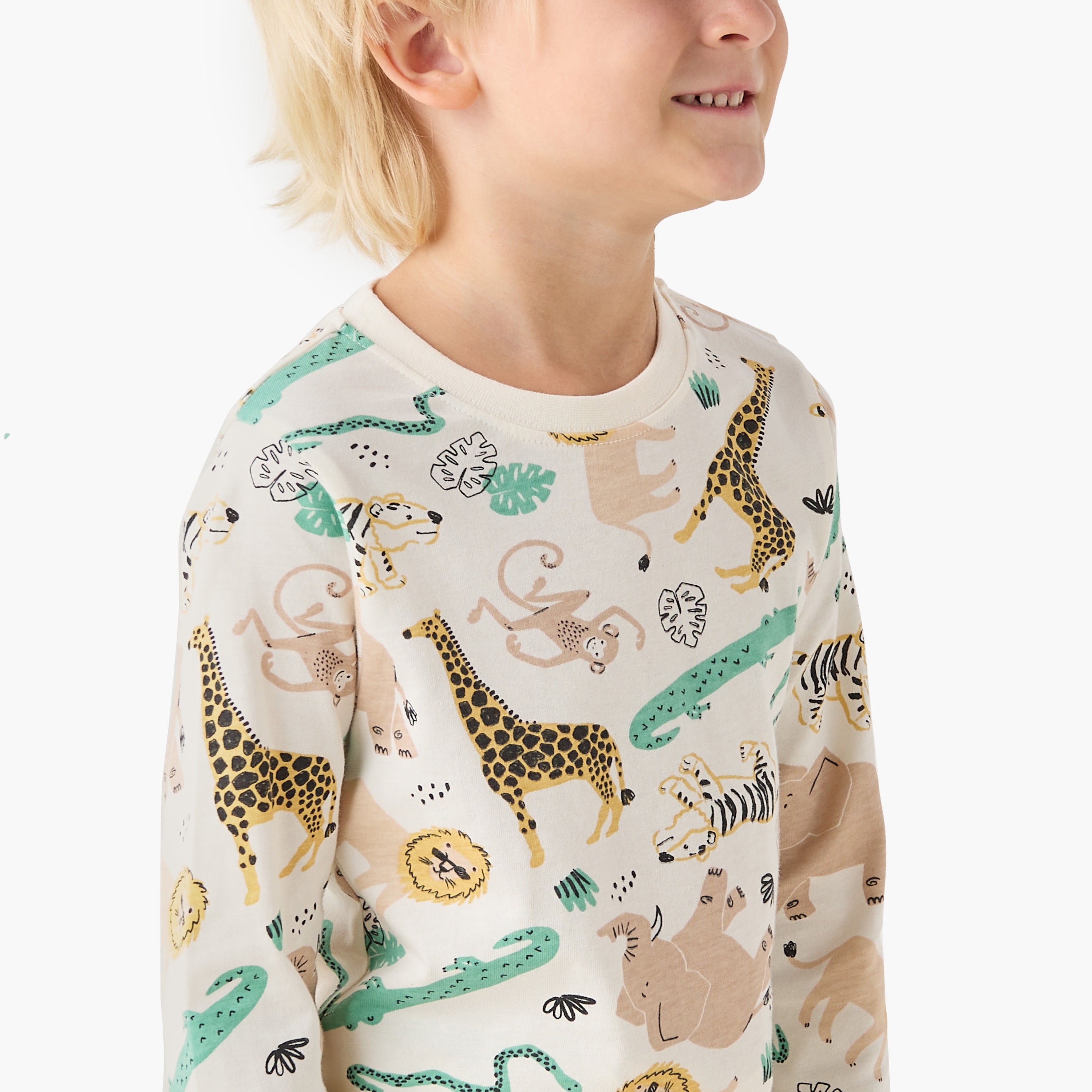 Juniors Cotton Crew Neck Long Sleeves Pyjama Set with Dinosaur Print