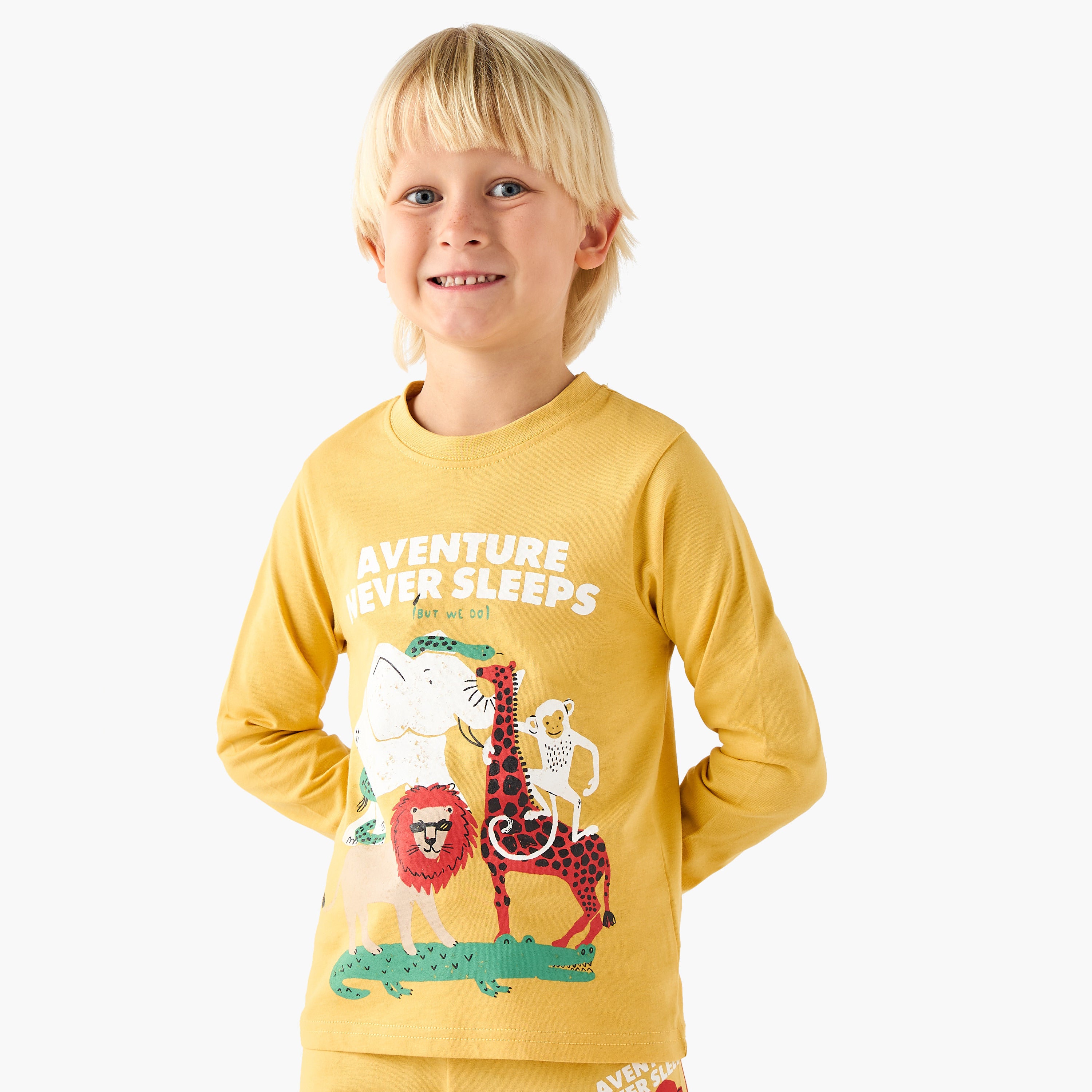 Juniors Cotton Crew Neck Long Sleeves Pyjama Set with Wild Animal Print