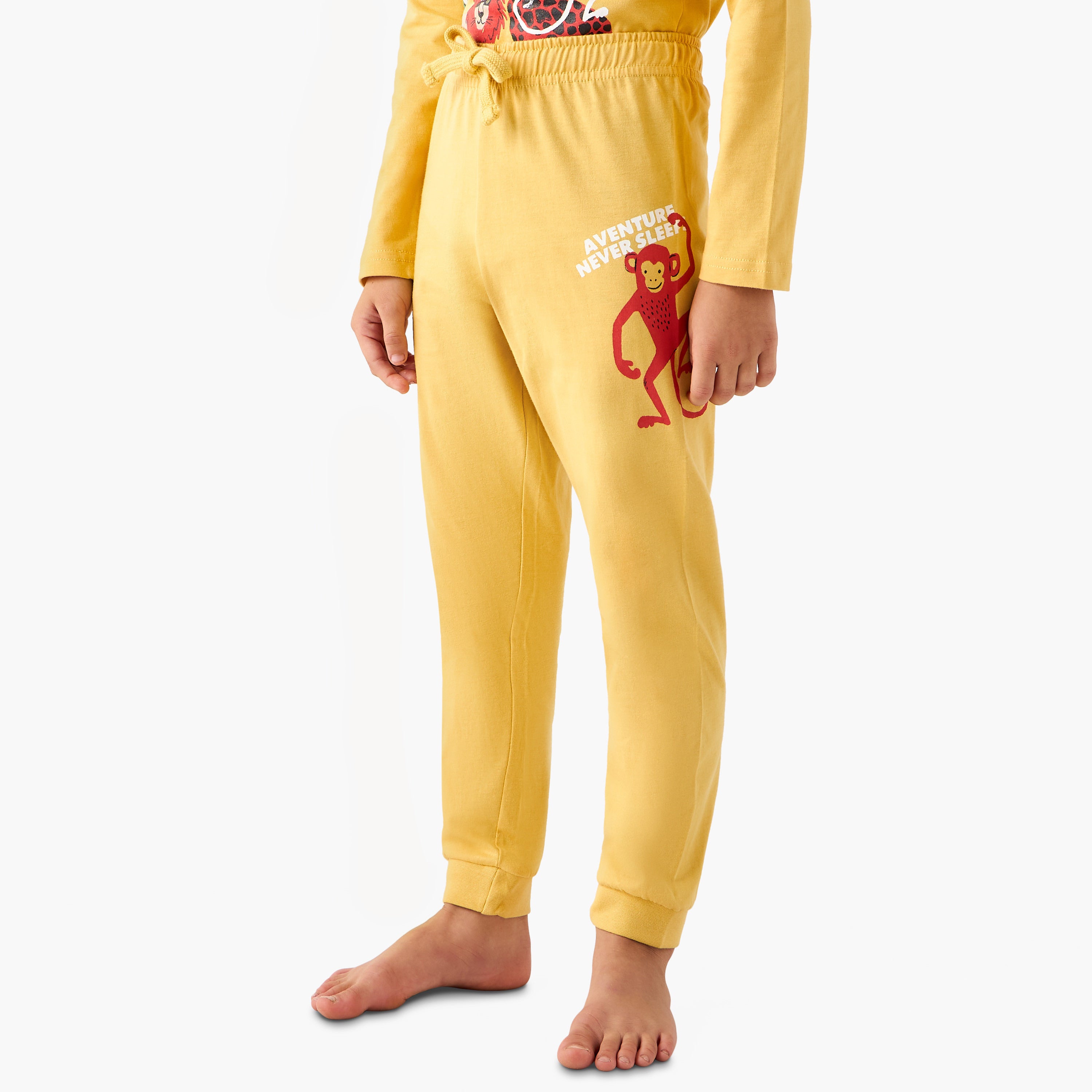Juniors Cotton Crew Neck Long Sleeves Pyjama Set with Wild Animal Print
