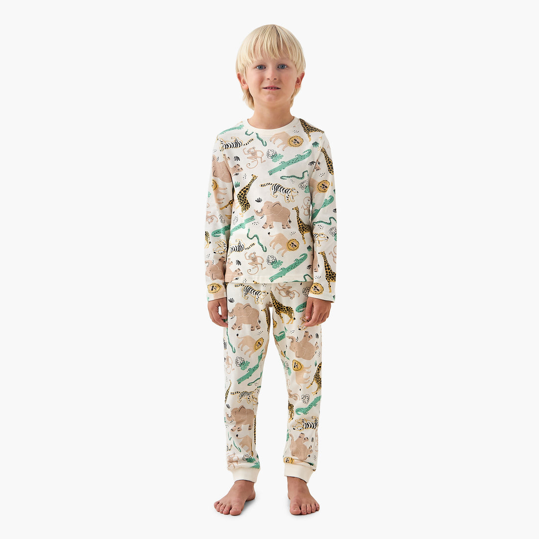 Juniors Cotton Crew Neck Long Sleeves Pyjama Set with Safari Print - Cream / 7-8 yrs