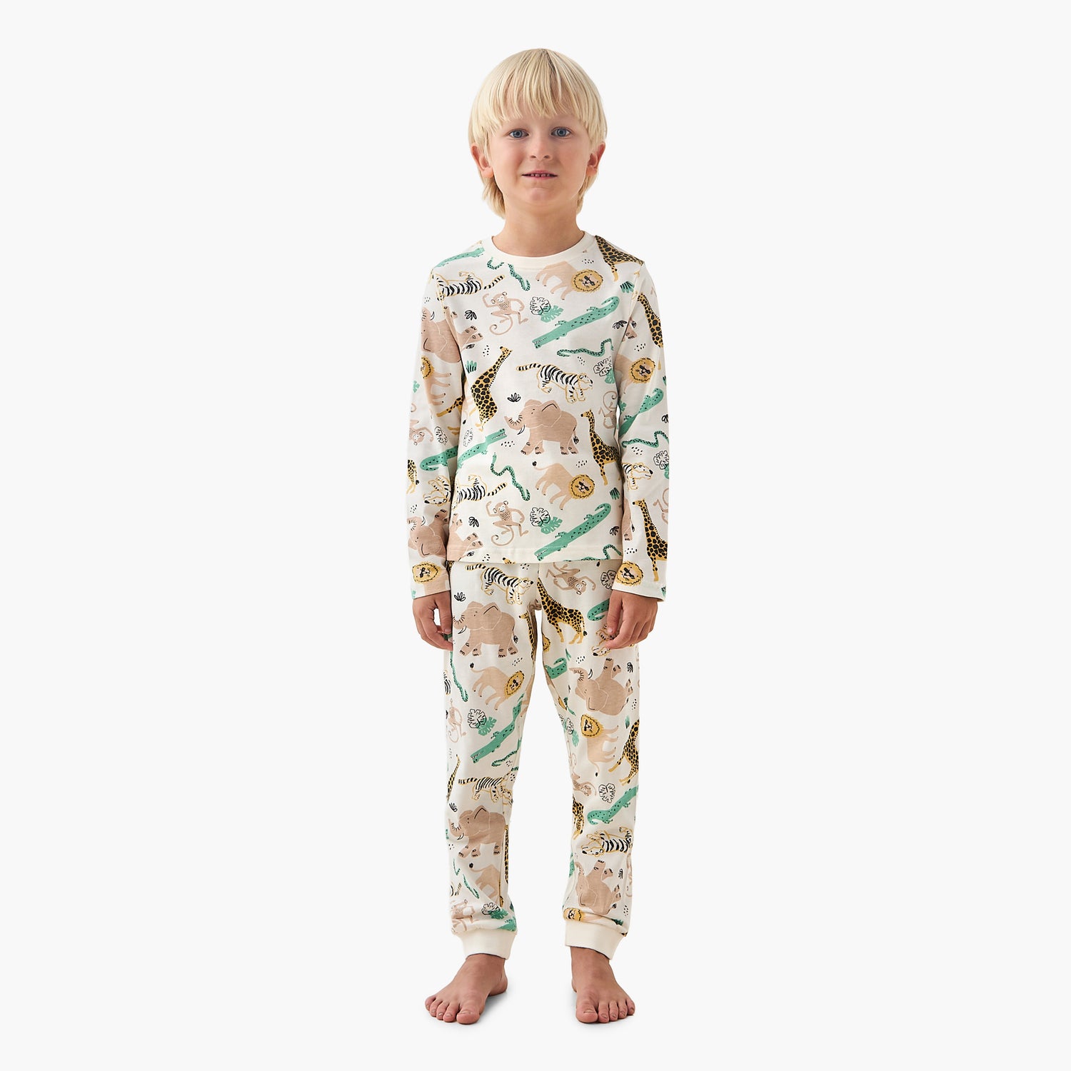 Juniors Cotton Crew Neck Long Sleeves Pyjama Set with Safari Print - Cream / 7-8 yrs