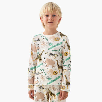 Juniors Cotton Crew Neck Long Sleeves Pyjama Set with Safari Print