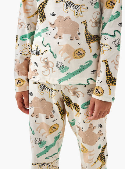 Juniors Cotton Crew Neck Long Sleeves Pyjama Set with Safari Print-boys-clothing-nightwear-image-5