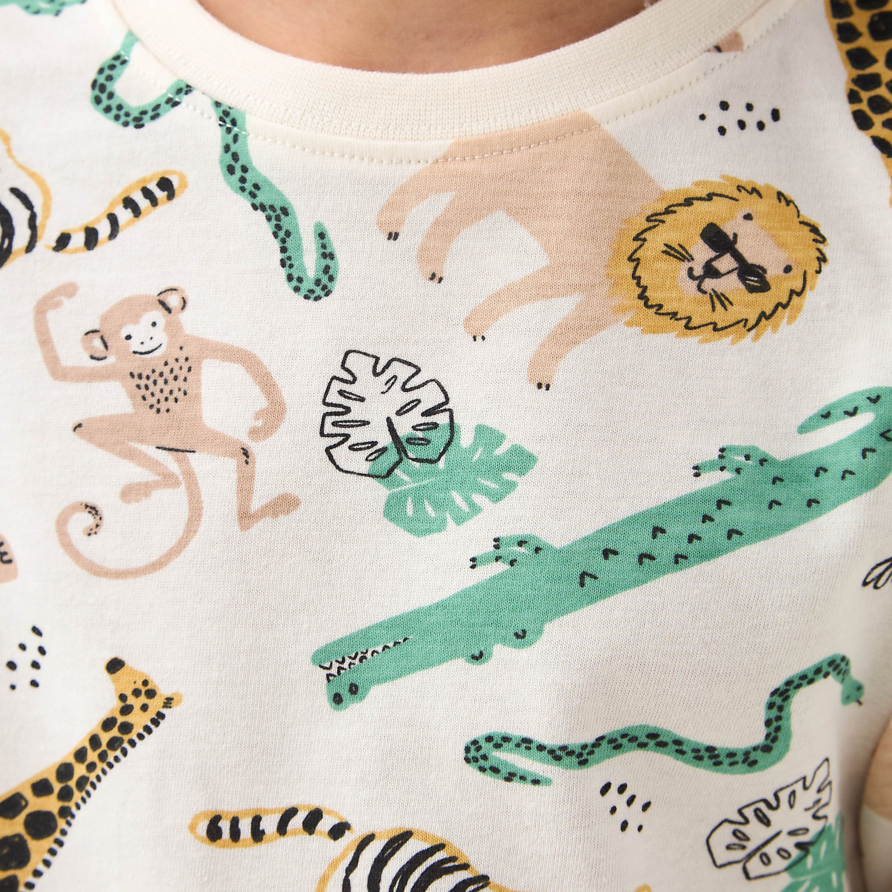 Juniors Cotton Crew Neck Long Sleeves Pyjama Set with Safari Print