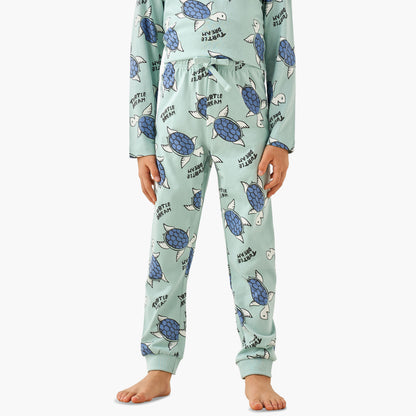Juniors Cotton Crew Neck Long Sleeves Pyjama Set with Wild Animal Print