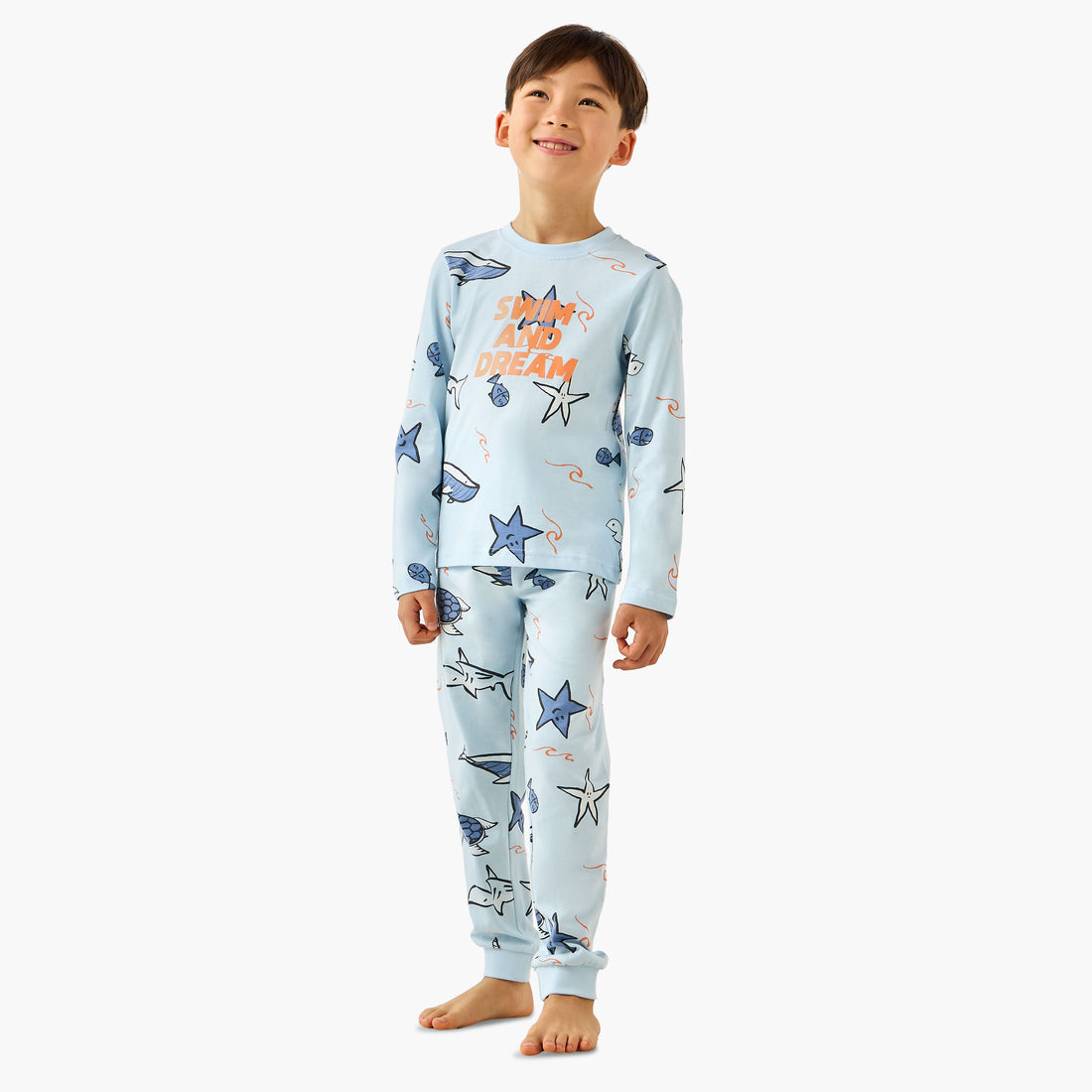 Juniors Cotton Crew Neck Long Sleeves Pyjama Set with Underwater Print - Blue / 4-5 yrs