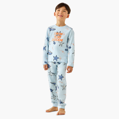 Juniors Cotton Crew Neck Long Sleeves Pyjama Set with Underwater Print - Blue / 4-5 yrs