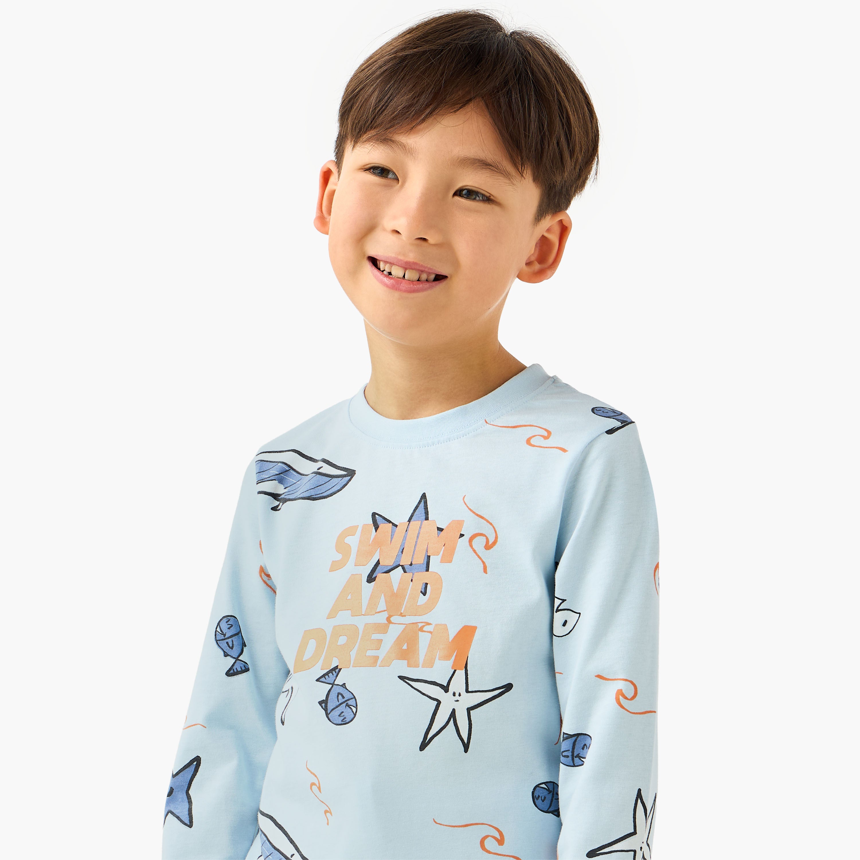 Juniors Cotton Crew Neck Long Sleeves Pyjama Set with Underwater Print