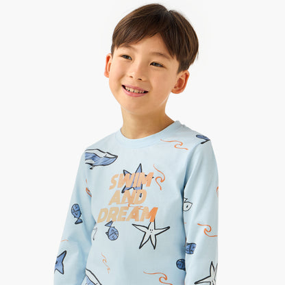 Juniors Cotton Crew Neck Long Sleeves Pyjama Set with Underwater Print