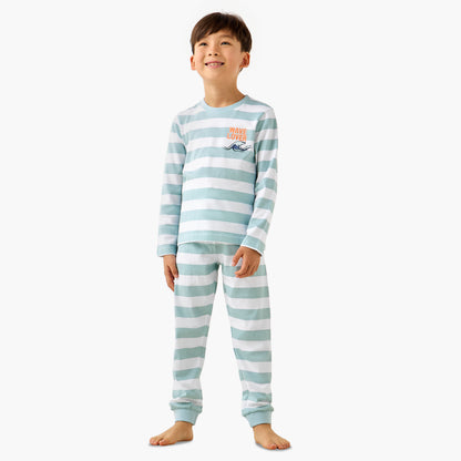 Juniors Cotton Crew Neck Long Sleeves Pyjama Set with Underwater Print