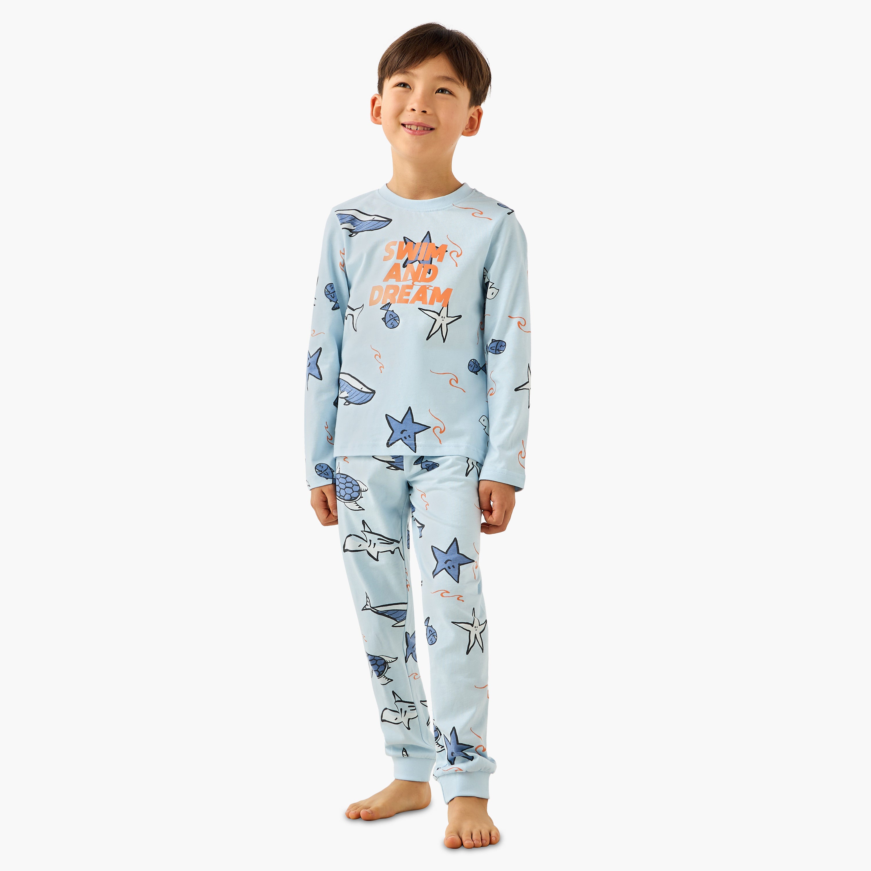 Juniors Cotton Crew Neck Long Sleeves Pyjama Set with Safari Print