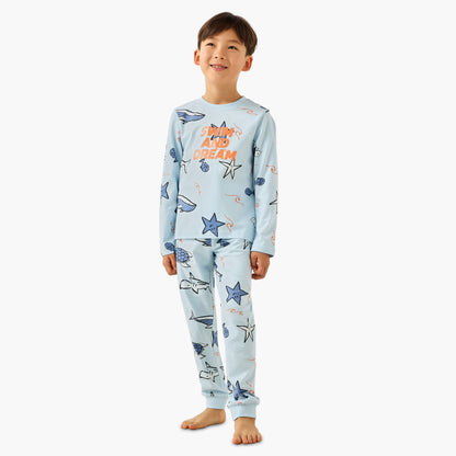 Juniors Cotton Crew Neck Long Sleeves Pyjama Set with Safari Print