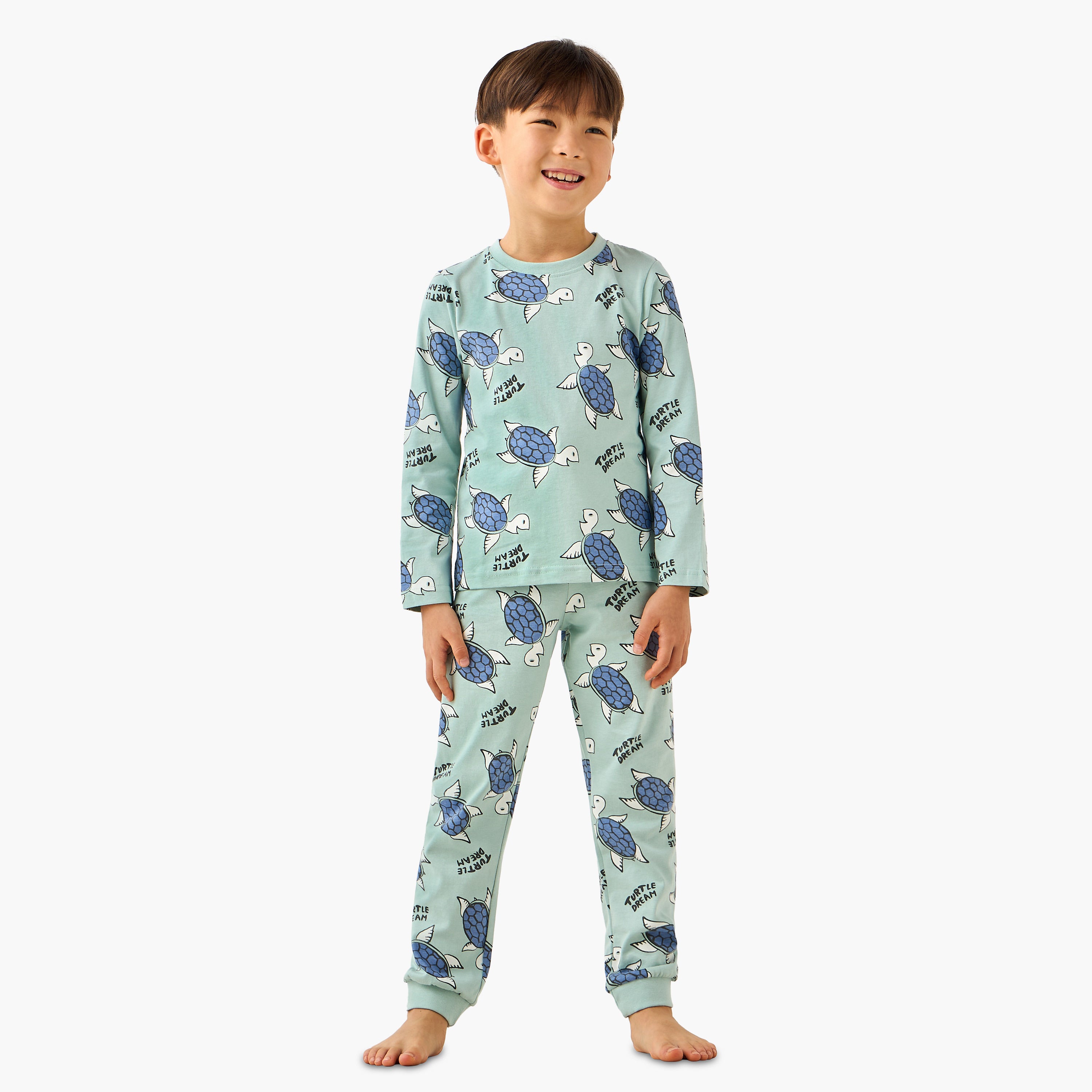 Juniors Cotton Crew Neck Long Sleeves Pyjama Set with Safari Print
