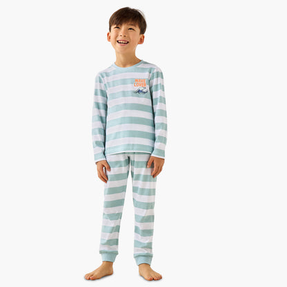Juniors Cotton Crew Neck Long Sleeves Pyjama Set with Safari Print