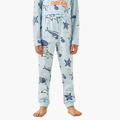 Juniors Cotton Crew Neck Long Sleeves Pyjama Set with Safari Print