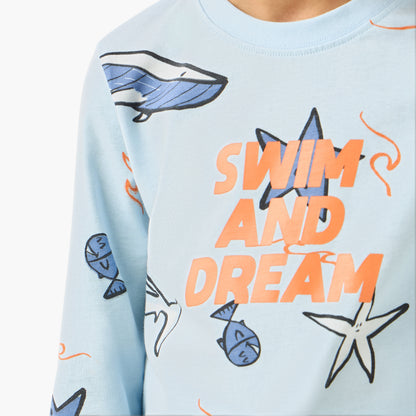 Juniors Cotton Crew Neck Long Sleeves Pyjama Set with Safari Print