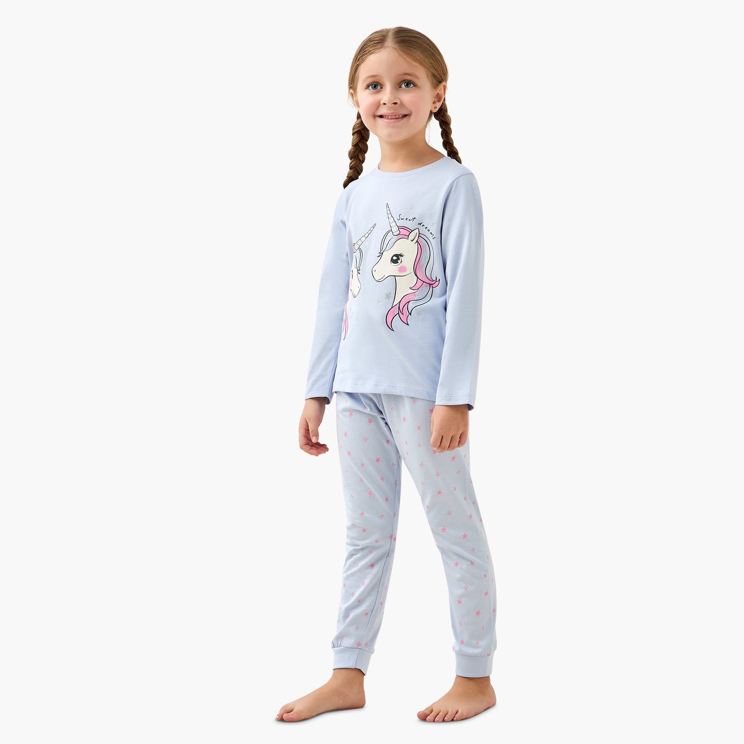 Pack of 2 Juniors Cotton Crew Neck Long Sleeves Pyjama Set with Unicorn Print