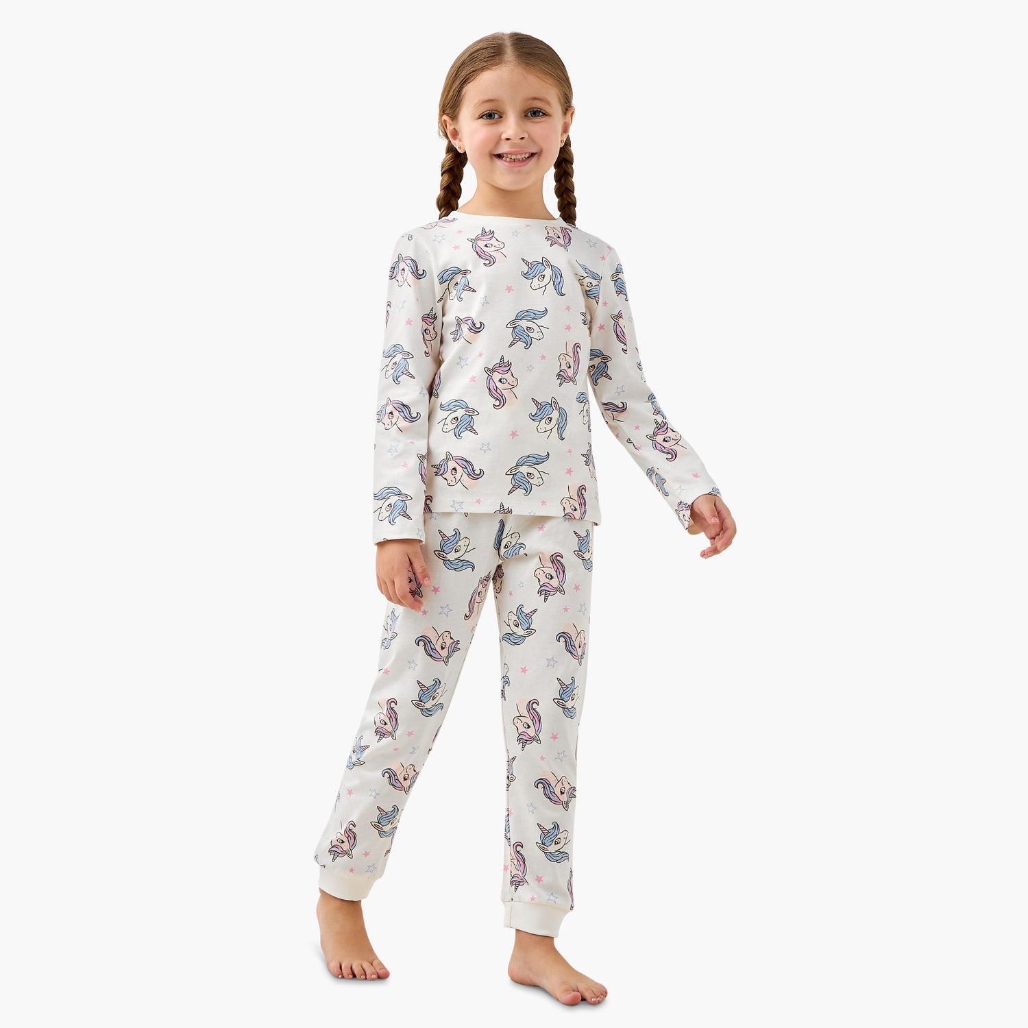 Pack of 2 Juniors Cotton Crew Neck Long Sleeves Pyjama Set with Unicorn Print
