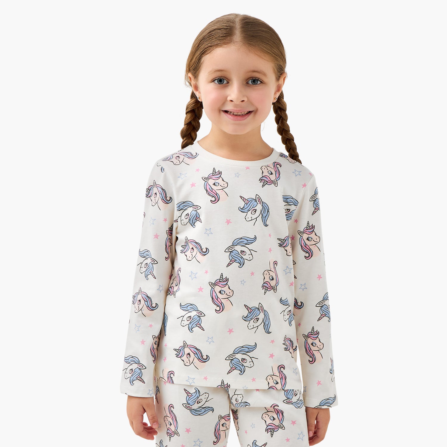 Pack of 2 Juniors Cotton Crew Neck Long Sleeves Pyjama Set with Unicorn Print