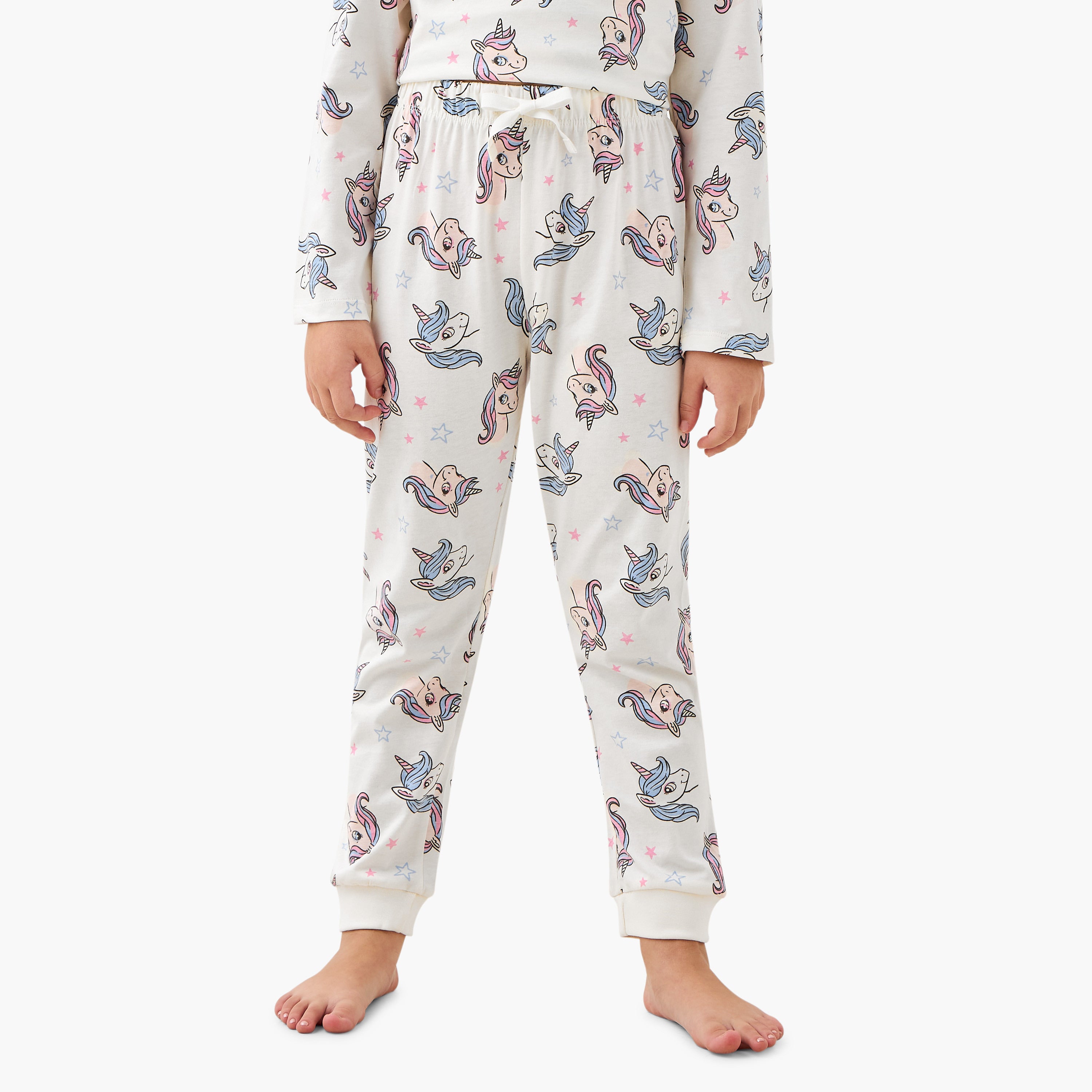 Pack of 2 Juniors Cotton Crew Neck Long Sleeves Pyjama Set with Unicorn Print