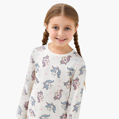 Pack of 2 Juniors Cotton Crew Neck Long Sleeves Pyjama Set with Unicorn Print